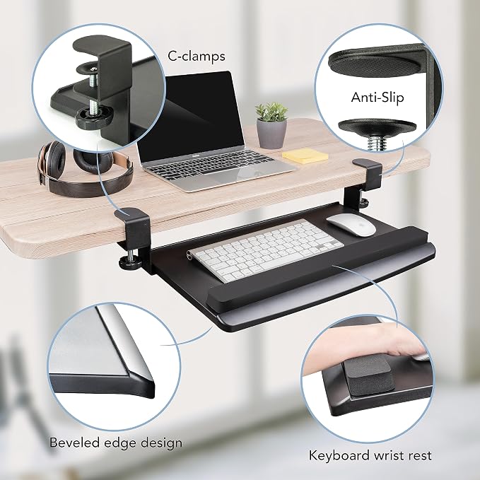 EHO Clamp-On Retractable Adjustable Keyboard Tray, Under Desk Ergonomic Keyboard Tray - Easy Tool-Free Install - Small with Wrist Rest 20" (24.8" Including Clamps) x 11.5" for Enhanced Typing Comfort