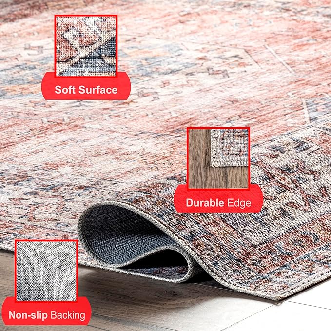 nuLOOM Desna Machine Washable Faded Vintage Ultra Thin Runner Rug, 2' 6" x 10', Peach