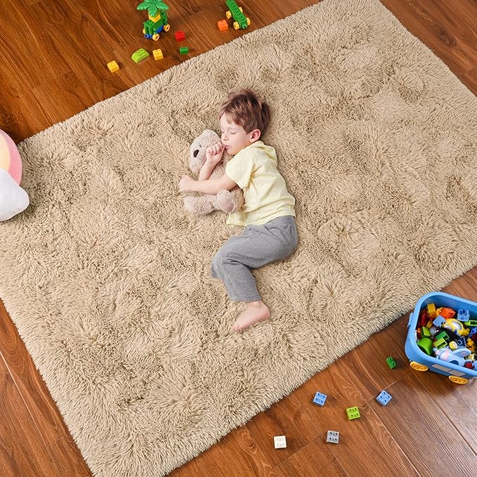 Softlife Rug for Bedroom 4x5.3 Feet Area Rug for Living Room Super Soft Shaggy Rugs for Kids Room Fluffy Fuzzy Carpets Long Plush Bedside Rug Nursery Christmas Home Decor for Boys Girls, Beige