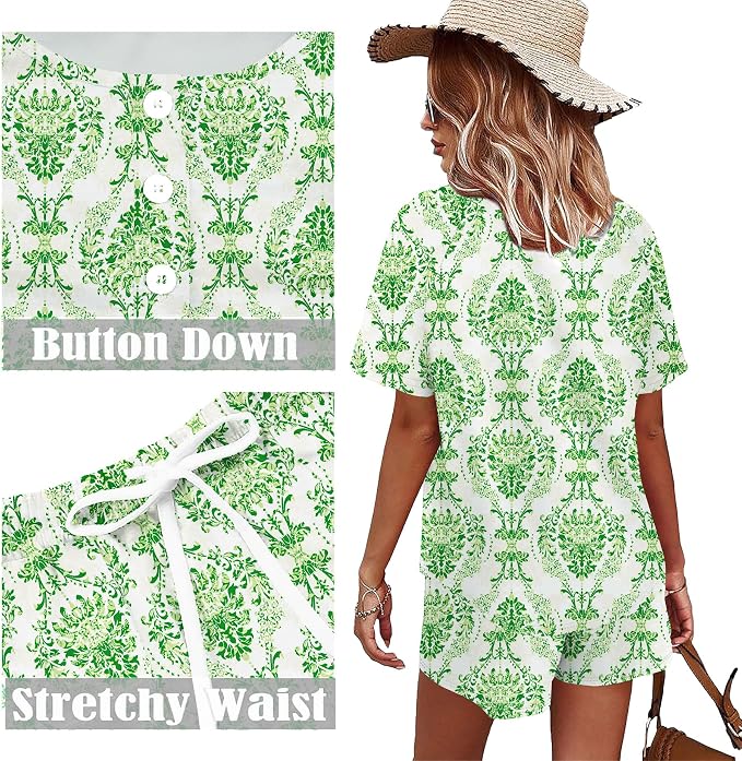 WIHOLL Two Piece Outfits for Women Lounge Sets Button Down Top and Shorts Set Sweatsuits with Pockets