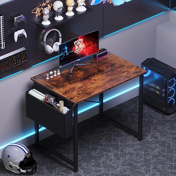 OLIXIS Small Computer Desk, 31 Inch Gaming Desks for Home Office | Writing Study Craft Work Table, Computer Workstation for Bedroom Small Spaces with Storage Bag, Rustic Brown