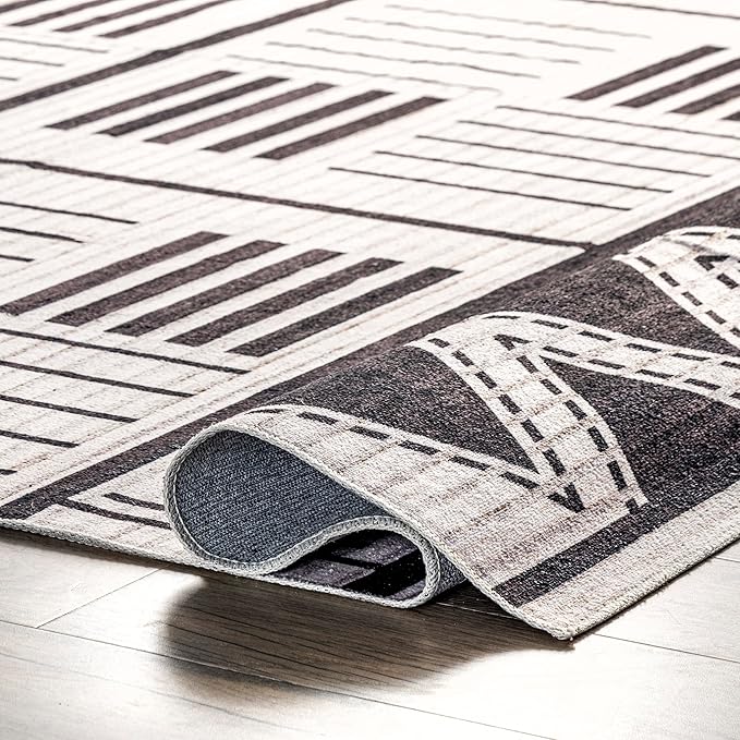 nuLOOM Evia Tribal Stripes Machine Washable Ultra Thin Area Rug, 5' x 8', Charcoal