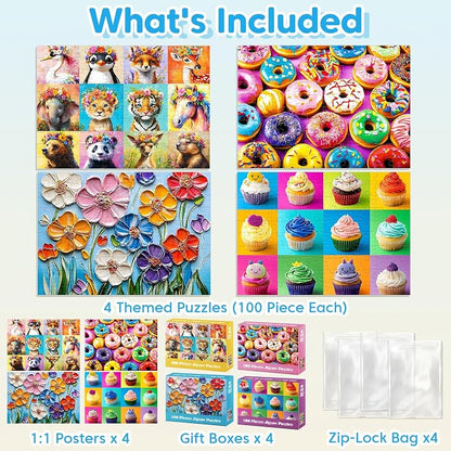 100 Piece Puzzles for Kids Ages 4-8 - Animals Flower Cupcakes Donuts Puzzle for Kids Ages 8-10 Large Puzzles for Senior Jigsaw Puzzles for Kid Ages 6-8 Year Old Educational Puzzle Toys 4-Pack