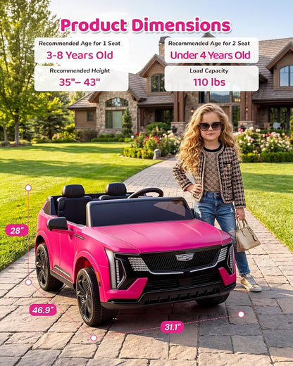 Firstness 2 Seater Ride on Car for Kids 24V Licensed Cadillac Escalade IQ Powered Wheels with Remote Control 400W Electric Ride on Toy with 3 Speed Light Music 7AH Battery Car for Kids Ages 3-8, Pink