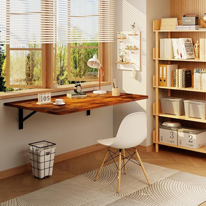 IAE 36x22in Floating Fold Desk,Wall-Mounted Folding Computer Table,Rustic | Study Table with Shelf Brackets,Foldable Down Shelf with Engineered Wood,Fold Computer Desk for Small Apartment,Holds 502 lb