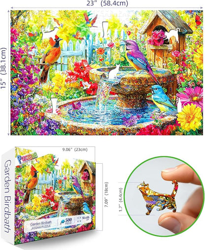 500 Piece Jigsaw Puzzle for Adults Spring Garden Scene with Colorful Birds, Birdhouse & Fountain, Large Piece Relaxing Puzzles Adult Puzzle Gift (23x15 Inch)