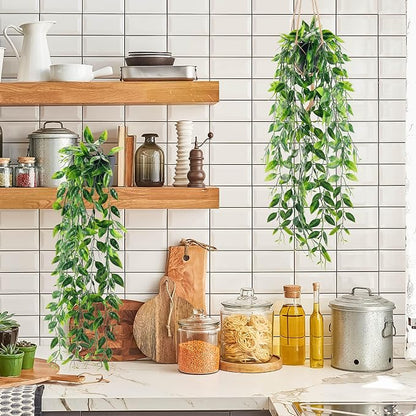 Der Rose 2 Pack Fake Hanging Plants Small Artificial Plants Faux Pea Pod Plants Indoor for Aesthetic Living Room Office Shelf Decor