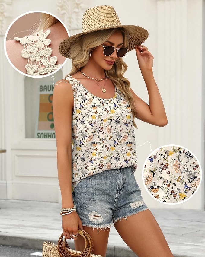 OFEEFAN Tank Top for Women Loose Fit Crew Neck Sleeveless Shirts Strap Lace Camisole Chiffon Summer Tops Curved Hem