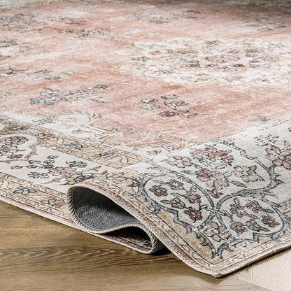 nuLOOM Ren Vintage Floral Machine Washable Ultra Thin Area Rug, 6' Square, Peach