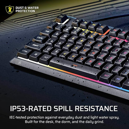 Corsair Skiff 100 Quiet RGB Wired Membrane Gaming Keyboard – QWERTY US, IP53 Spill & Dust Resistant, Responsive Keys, Media Dial – Black