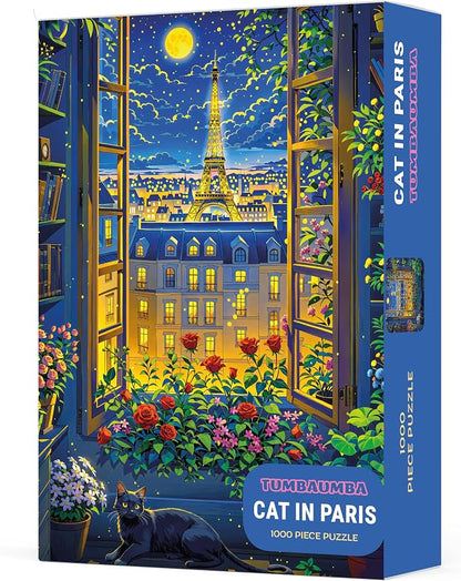 Cat in Paris. TUMBAUMBA, Puzzles for Adults 1000 Pieces, Detailed Art Puzzle, Mate Finish Jigsaw Puzzles, Poster Included, Challenging Atmospheric France Puzzles, Cozy Evening Paris Scene