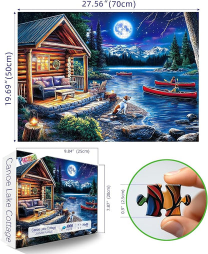 Puzzles for Adults 1000 Pieces, Moonlit Canoe Lake Cottage Landscape Jigsaw Puzzle for 1000 Pieces Perfect for Challenging Game Nights, Finished Size 27.5"x19.7"