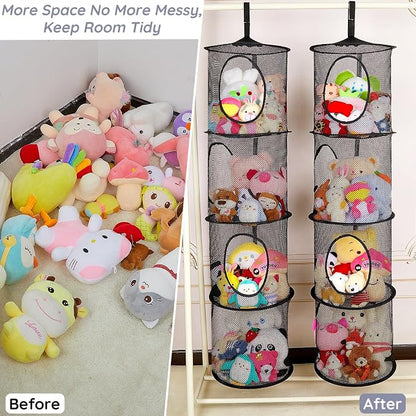 Basumee Stuffed Animals Net or Hammock 2 Pcs Stuffed Animals Storage Toy Net Hammock for Plushies Storage Organizer Mesh Kids Girls Room Decor, Black, 4 Tiers