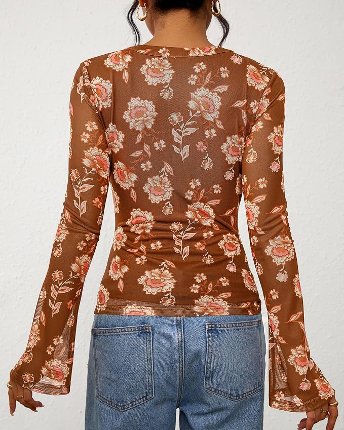 BTFBM Button Down Shirts for Women 2026 Fall Boho Tops V Neck Long Sleeve Blouses Ruched Mesh Fitted Fashion Clothing