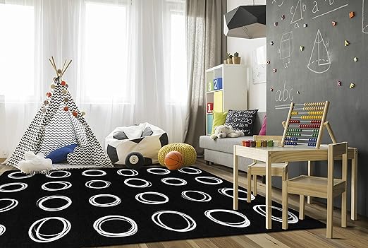 Flagship Carpets Circle Sampler Abstract Educational Area Rug for Kids Room or Childrens Classroom Carpet, Playroom or Home Learning, 7'6" x 12', Black