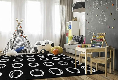 Flagship Carpets Circle Sampler Abstract Educational Area Rug for Kids Room or Childrens Classroom Carpet, Playroom or Home Learning, 7'6" x 12', Black
