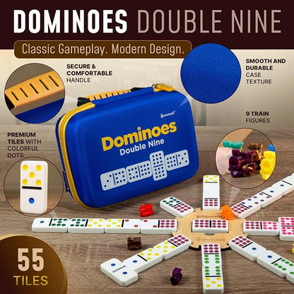 Queensell Double 9 Dominos Set for Adults and Kids with Colored Dots – Classic Dominoes Game Set with 55 Tiles, Wooden Hub, Trains and EVA Carrying Case