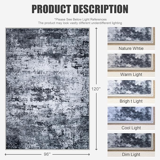 8x10 Area Rug Living Room Rug: Washable Modern Abstract Soft Thin Rug Indoor Floor No Slip Stain Resistant Carpet for Bedroom Dining Room Farmhouse Nursery Home Office - Black
