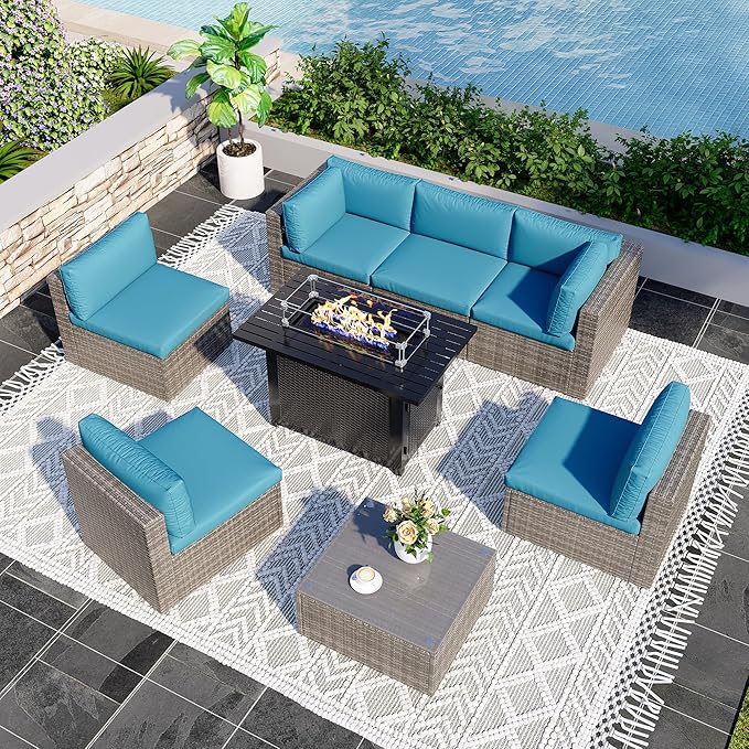 8 Pieces Outdoor Patio Furniture Set with 43" Fire Pit Table, Wicker Outdoor Patio Sectional Sofas with Coffee Table and Cushions, All-Weather Patio Conversation Set for Garden Backyard, Light Blue