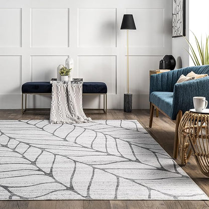 nuLOOM Lanette Abstract Leaves Machine Washable Ultra Thin Runner Rug, 2' 6" x 8', Light Grey