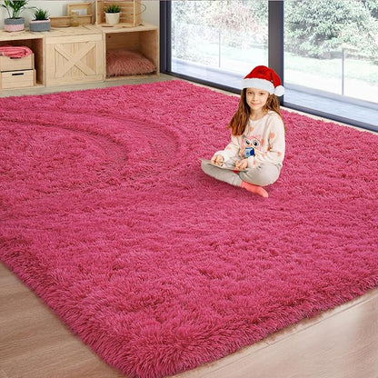 Softlife Rug for Bedroom 4x5.3 Feet Area Rug for Living Room Super Soft Shaggy Rugs for Kids Room Fluffy Fuzzy Carpets Long Plush Bedside Rug Nursery Christmas Home Decoration for Boys Girls, Rose Red