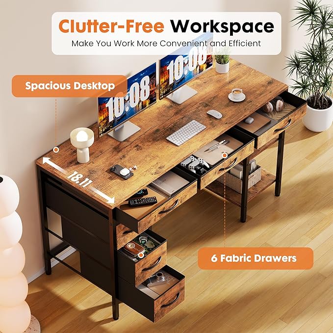 Sweetcrispy 47" Computer Desk with 6 Fabric Drawers & Storage Shelves | Reversible Gaming Desk, Office Desk, Computer Workstation, Corner Desk with Storag, Home Office, Living Room, Rustic Brown