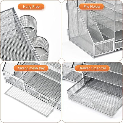 Marbrasse Desk Organizer with File Holder, 5-Tier Paper Letter Tray Organizer with Drawer and 2 Pen Holder, Mesh Desktop Organizer and Storage with Magazine Holder for Office Supplies (Silver)