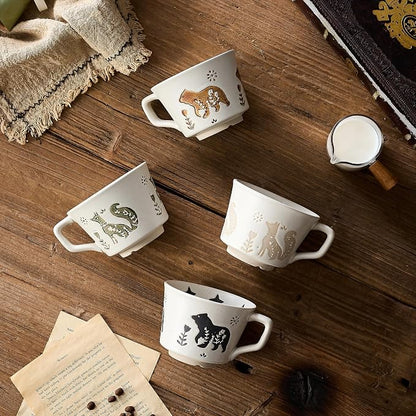 12 oz Vintage Ceramic Coffee Mug Set of 4 - Handmade Stoneware Pottery Countryside Farmhouse Fall Autumn Tea Mugs with Big Handle for Latte,Cocoa,Dishwasher & Microwave Safe Cups (Animals)