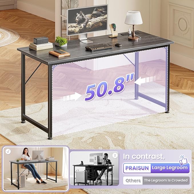 PRAISUN 55 X 20 Inch Computer Desk, Power Outlets, USB-C, Grey | Office Desk with 4 AC Outlets, USB & USB-C, Sturdy Metal Frame, Spacious Desktop for Work, Writing, Study & Gaming