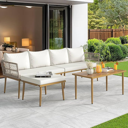 YITAHOME Patio Furniture Set, 6 Pieces Outdoor Rattan Woven Sectional Sofa Patio Loveseat with Ottoman and and Side Table, Conversation Set for Backyard, Porch, Boho - Beige
