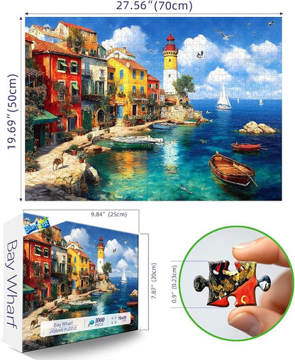 Summer Colorful Coastal Village 1000 Piece Puzzle for Adults, Fun Puzzles for Adults 1000 Pieces with HD Print & Poster, 27.5 * 19.7 in Dust Free, for Gifts Halloween Christmas Family Games Lovers