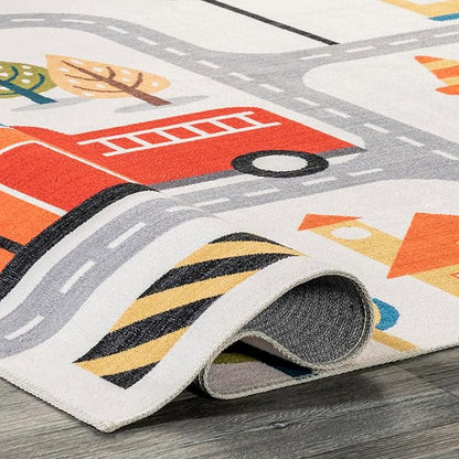 nuLOOM Carmina City Streets Machine Washable Kids Ultra Thin Area Rug, 3' x 5', White Multi