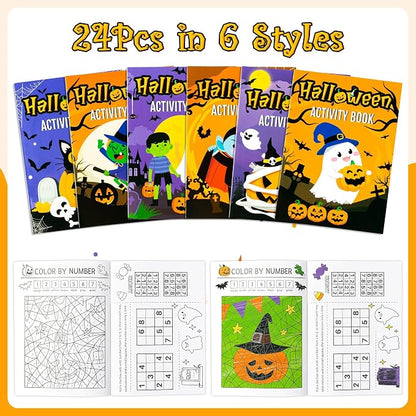 24Pcs Halloween Coloring Book Mini Game Color-in Pages Activity Book Set with Maze Crossword Puzzle Games Theme Party Favors Holiday Event Gift School Classroom Recreation Supplies for Kids