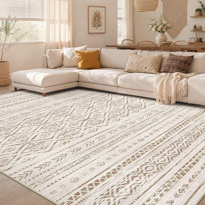 Nakagishi Area Rug Living Room Rugs: 9x12 Large Soft Machine Washable Boho Moroccan FarmNeutral Stain Resistant Indoor Floor Carpet for Bedroom Under Dining Table Home Office Decor-Brown