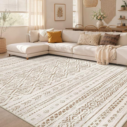 Nakagishi Area Rug Living Room Rugs: 9x12 Large Soft Machine Washable Boho Moroccan FarmNeutral Stain Resistant Indoor Floor Carpet for Bedroom Under Dining Table Home Office Decor-Brown