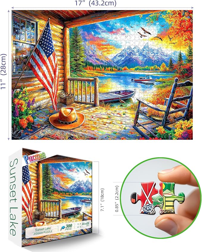 300 Piece Puzzle for Adults Beautiful Autumn Mountain Lake Scene with Lakeside Cabin, Natural Landscape & Sunset Cabin Porch View Jigsaw Puzzle for Adults & Seniors Relaxing Puzzles for Home Decor