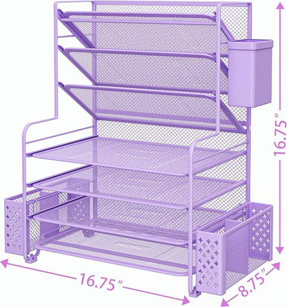Simple Trending 7 Tier Desk File Organizer, Letter Tray Paper Organizer with Pen Holder and Metal Hanging Basket, Purple