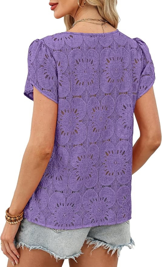 OFEEFAN Blouses for Women Dressy Casual Petal Short Sleeve Shirts Crochet Lace Boho Tops Spring Fashion Summer Outfits