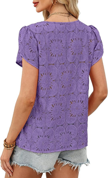 OFEEFAN Blouses for Women Dressy Casual Petal Short Sleeve Shirts Crochet Lace Boho Tops Spring Fashion Summer Outfits