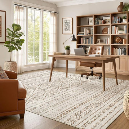 Nakagishi Area Rug Living Room Rugs: 9x12 Large Soft Machine Washable Boho Moroccan FarmNeutral Stain Resistant Indoor Floor Carpet for Bedroom Under Dining Table Home Office Decor-Brown