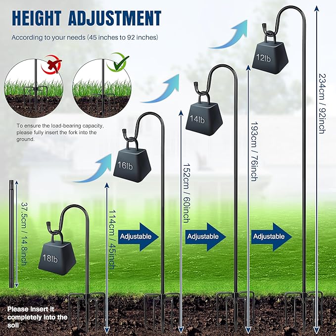 Ottsuls Shepherds Hooks with 5 Prongs Base for Outdoor - 92" Adjustable Bird Feeder Pole for Outside Hanging, Garden, Hummingbird Feeder, Plant Baskets, Solar Light Lanterns, Wedding Decor (1 Pack)
