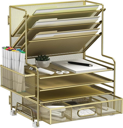 MINDEPOT 4-Tier Paper Organizer + 3-Pocket File Holder + Drawer + Pen Holders, Desktop File Organizers Paper Tray for Office Supplies School Classroom Organization (Gold, with Drawer & Pen Holder)
