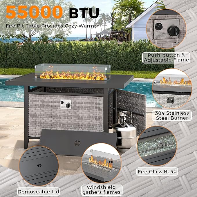 10-Seat Outdoor Wicker Patio Furniture Set with Fire Pit Table, Modular Rattan Sectional Sofa & 2 Swivel Rocking Chairs, 4" Thick Cushions, Rust-Resistant Frame,Blue