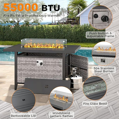 14-Seat Outdoor Wicker Patio Furniture Set with Fire Pit Table, Modular Rattan Sectional Sofa & 2 Swivel Rocking Chairs, 4" Thick Cushions, Rust-Resistant Frame,Gray
