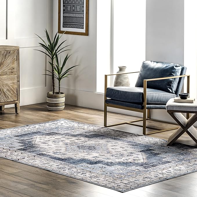 nuLOOM Dania Machine Washable Medallion Accent Rug, 2' x 3', Navy, Rectangular, 0.1" Thick