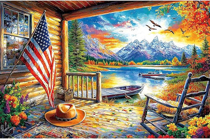 300 Piece Puzzle for Adults Beautiful Autumn Mountain Lake Scene with Lakeside Cabin, Natural Landscape & Sunset Cabin Porch View Jigsaw Puzzle for Adults & Seniors Relaxing Puzzles for Home Decor