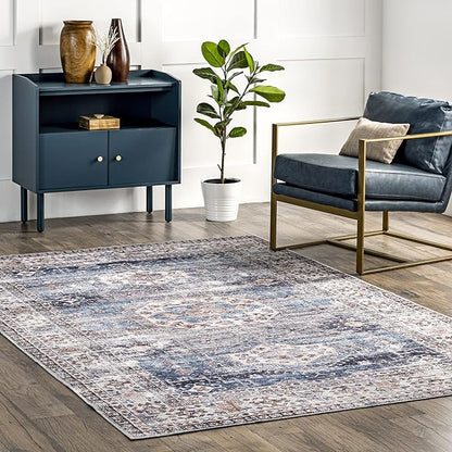 nuLOOM Drina Distressed Machine Washable Ultra Thin Area Rug, 4' x 6', Blue