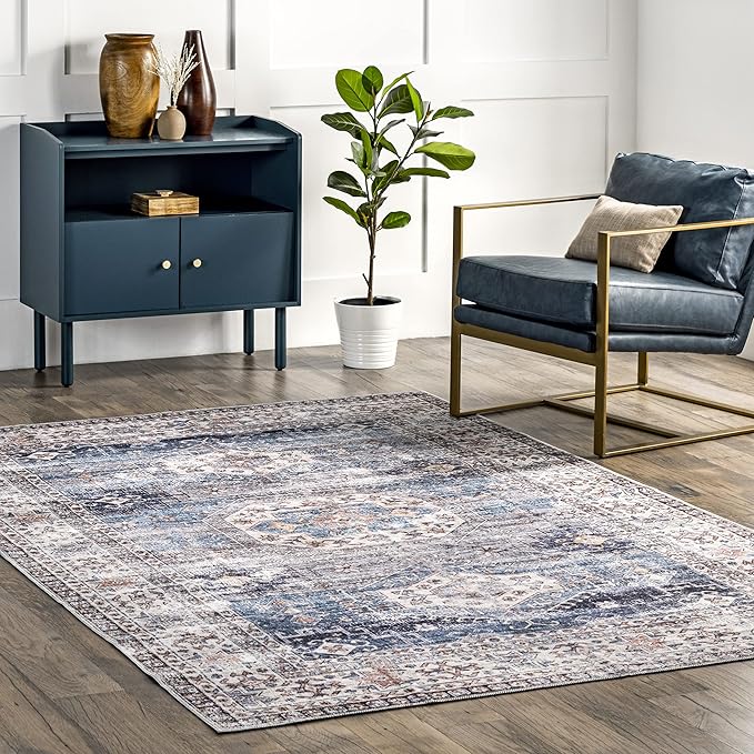 nuLOOM Drina Distressed Machine Washable Ultra Thin Area Rug, 8' x 10', Blue