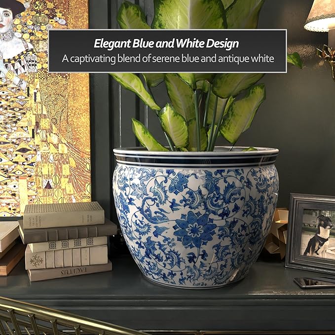 Red Lantern Large 20" Porcelain Fishbowl Blue & White Floral Planter or Cachepot for Indoor/Outdoor Use in Garden Entryway Living Room Boho Eclectic Modern Contemporary Classic Traditional Style Decor