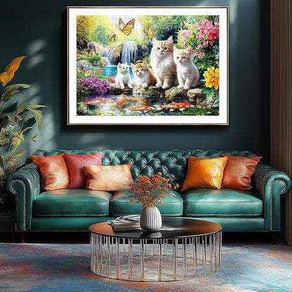 Puzzles for Adults 1000 Pieces, Fun Cats & Koi Fish - Waterfall Scene with Butterflies, Animal Pet Lover Jigsaw Puzzle 1000 Pieces Challenging Perfect for Game Nights (27.5"x19.7")